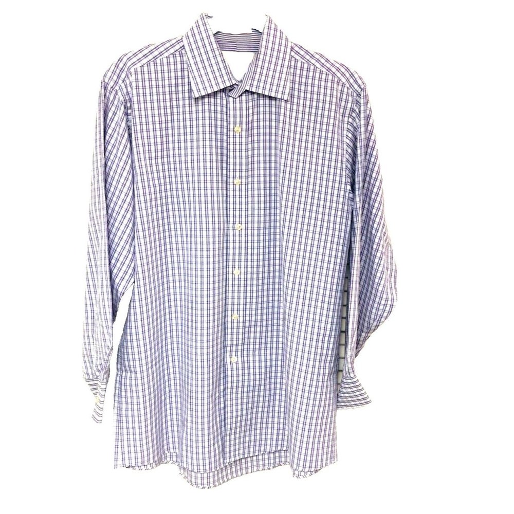 Michael Kors Mens Button Down Plaid Shirt Purple Flip Cuff L XL‎ 16 Office 32/33